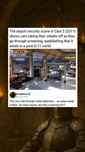 The airport security scene in Cars 2 (2011) shows cars taking their wheels off as they go through | Movie Mania