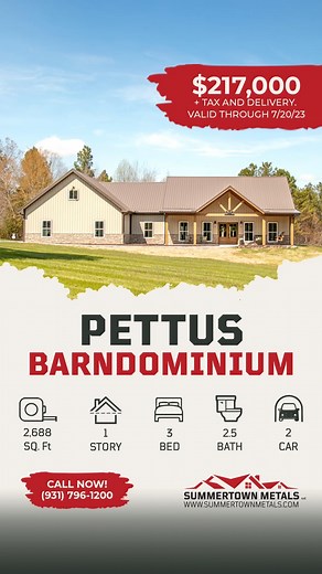Join us for a walkthrough of the Pettus Barndominium from Summertown Metals! A 2,688 sq. ft. 3 bed/2.5 bath home with 2 car gargage and lots of gorgeous porch living! #barndominiumliving #barndominiums #barndotour #barndo #barndominium #floorplan #summertownmetals #barndominiumlife | Summertown Metals