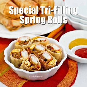 70K views · 53 reactions | Special Tri-Filling Spring Rolls wrapped with egg omelet, fish sticks, and stir fry jicama. Delicious served with sweet chili sauce and mustard. Get recipe --> https://www.rotinrice.com/special-tri-filling-spring-rolls/ | Roti n Rice | Facebook