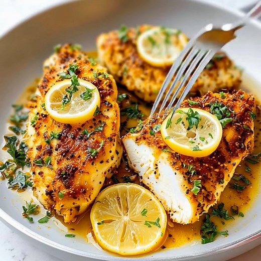 25-Minute Lemon Pepper Chicken Ingredients: 4 boneless, skinless chicken breasts 2 tablespoons olive oil 2 tablespoons lemon pepper seasoning 1 teaspoon garlic powder 1 teaspoon salt 1 lemon, sliced Fresh parsley for garnish Directions: Preheat Oven: 1.1. Preheat your oven to 375°F (190°C). Prepare the Chicken: 2.1. Rub the chicken breasts with olive oil. Season the Chicken: 3.1. Sprinkle lemon pepper seasoning, garlic powder, and salt evenly on both sides of the chicken. Arrange in Baking Dish: