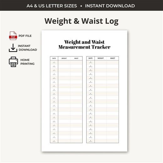 Printable Weight and Waist Tracker | Fitness Progress Log | US Letter Size | Black & White | Health Wellness PDF