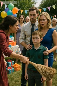 My ex-husband brought his new wife to our son’s birthday. The moment she arrived, she shoved a broom into my little boy’s hands and said, “Well? Don’t just stand there—go clean up like you’re meant to.” My son froze, face flushed with humiliation, searching my eyes for help. I stayed silent. I waited. It wasn’t until he tore open his final gift that I finally spoke—and when she saw what was inside that box, every drop of color drained from her face. The moment Emily saw her ex-husband, Mark, wal