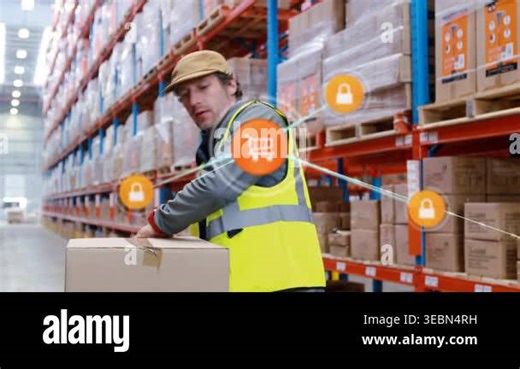 Worker tapping device, scanning label and sealing box, activating orange AR links for fulfillment. Warehouse, logistics, inventory, scanner, packaging, automation, wearable Stock Video Footage - Alamy