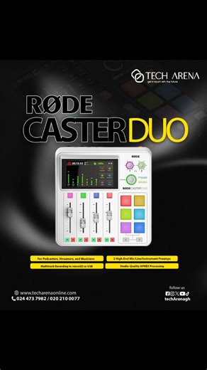 TechArena on Instagram: "RodeCaster Duo Designed to elevate your podcasting, and your streaming, music-making, and content creation, the black RODECaster Duo from RODE is a compact and powerful all-in-one audio production solution that delivers all the same revered features and versatility of the RODECaster Pro II in a smaller, more portable form factor. Perfect for those who require fewer audio inputs and a more travel-friendly design, the RODECaster Duo sacrifices none of the qualities or func