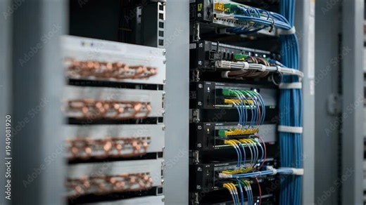 Mixed technology setup in a central office switching room highlighting both copper patch panels and sleek fiber modules crisp central focus with the rest softly blurred.