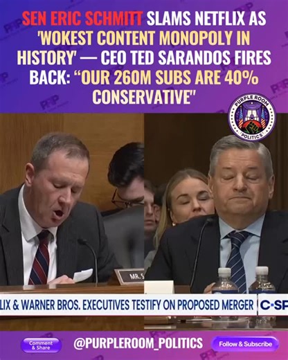 DaMon Cortez on Instagram: "In a heated Senate Judiciary hearing on media mergers, Sen. Eric Schmitt (R-MO) grilled Netflix co-CEO Ted Sarandos, accusing the streamer of building a content monopoly filled with the “wokest” programming ever. Sarandos countered that Netflix’s diverse 260M+ subscribers mirror America’s political split—roughly 40% conservative, 40% liberal—and view the service like they do the country itself."