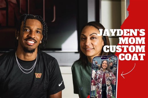 Proud mom!  QB Jayden Daniels' mom wearing a custom coat with images from his son