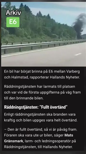 Bil i brand på E6 mellan Varberg och Halmstad – helt övertänd