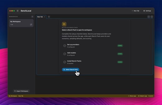 I built a macOS app for benchmarking local LLMs.6 test suites. Multiple providers. One workspace. Open source.There are hundreds of local models now. New ones every week. How do you actually pick one?Leaderboards test for general ability. But if you're building an agent that chains tool calls, or a pipeline that extracts structured data, or a code assistant that needs to debug Rust, you need to know if the model handles that specific thing. Not in theory. On your hardware. With your prompts.The