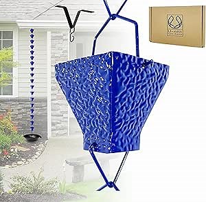 U-nitt Rain Chain Water Collection for Gutters Rainwater Catcher & Diverter, 8.5 FT Chains for Outside Garden, Blue Square Cups, Roof Downspout, Works with Heavy Rain, w/Gutter Clip for Rainchains