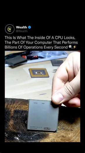 Wealth on Instagram: "Most people have no idea what the inside of a CPU actually looks like, and the truth is mind-blowing 🤯🔍 A CPU is basically a microscopic city built from billions of transistors. The creators in this video carefully cracked open an IBM chip, layer by layer, to reveal the hidden architecture inside. Once the metal lid is removed and the protective material is lifted, you can finally see the silicon die, which is where all the real work happens. Up close, it resembles an ent