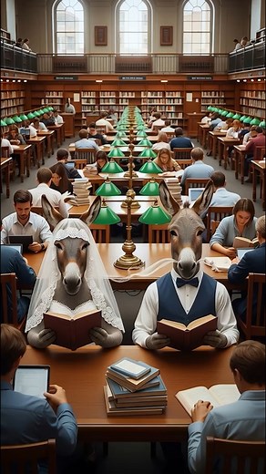 DonkDine on Instagram: "Donkey Couple Reads Books in Library & Suddenly Laugh 😂#ai #funny #donkey couple reading in a quiet #library … THEN they lock eyes and break into uncontrollable laughter! 😂 Watch both the donkey bride and groom suddenly pause their studies and laugh out loud—causing nearby patrons to giggle too!"