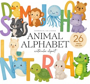 Cute Animal Alphabet Clipart, Watercolor ABC Letters for Kids, School Beginner Clipart, Cute Nursery Letters, ABC PNG Bundle, Koala, Iguana - Etsy