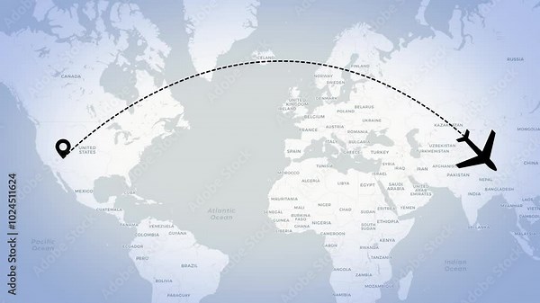 Airplane flight path animation on World map. Travel around the white world plane route. Motion Animation