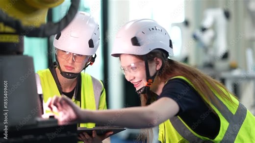 Two female robotics engineers in an R and D lab troubleshoot an artificial intelligence cobot. They are inspecting the robotic system hardware, sensors, and programming.