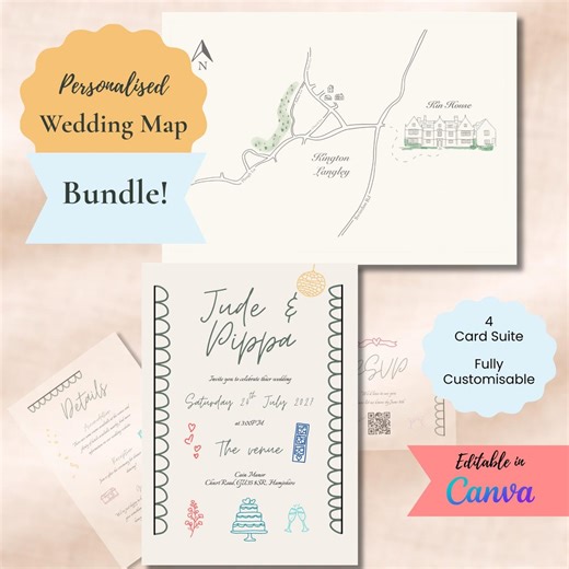 Wedding Stationery Bundle, Custom Venue Map   Canva Invite Template, DIY Printable, Minimalist Wedding Invitation Suite, Digital Download - Etsy
