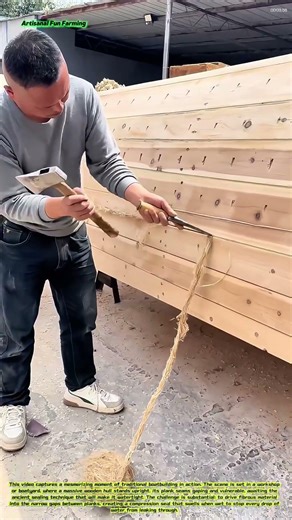Satisfying Maritime Tradition: Watch a Shipwright Caulk a Wooden Hull with Hammer and Oakum! 🪵⚓↓