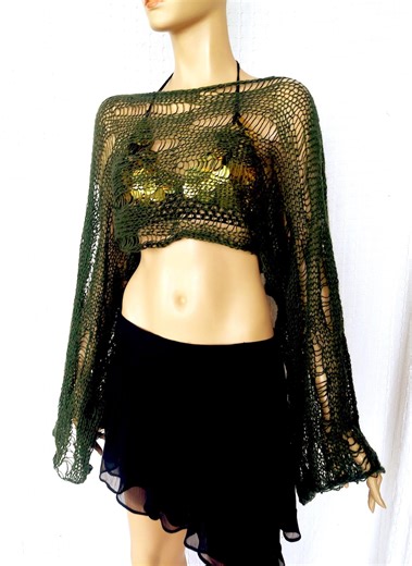 Moss Green Mohair Sheer Knit Sweater, Dark Cottage Core Hand Knit Witchy Forest Shrug, Fairycore Summer Gift for Bohemian Festival-goers - Etsy