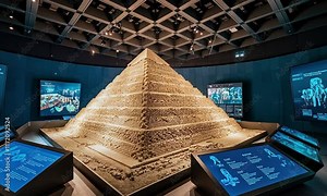 A 3D model of the Giza Pyramid in a contemporary setting with historical texts and interactive screens.