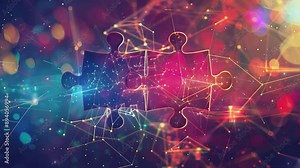 Digital representation of API integration concept with two interlocking puzzle pieces against a futuristic tech-inspired abstract background, symbolizing connectivity and interoperability.