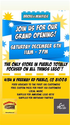 Bricks & Minifigs Colorado Springs South on Instagram: "🎉 Bricks & Minifigs Colorado Springs South here — and we’ve got BIG news! 🎉 Our new friends Bricks & Minifigs Pueblo are celebrating their Grand Opening this Saturday, and we want YOU to come out and support them! 📍 4134 N Freeway Rd, Pueblo, CO 81008 🗓️ Saturday, Dec 6 • 11AM–7PM ✨ First 100 customers get food vouchers ✨ First 150 customers get a FREE custom LEGO® piece 🎟️ Raffles all day 🎶 Music & fun for the whole family Let’s give