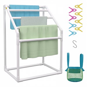 VEVOR Pool Towel Rack, 5 Bar, White, Freestanding Outdoor PVC Trapedozal Poolside Storage Organizer, Include 8 Towel Clips, Mesh Bag, Hook, Also Stores Floats and Paddles, for Beach, Swimming Pool - Walmart.com
