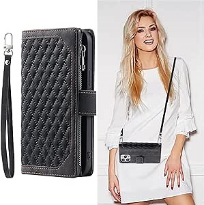 Crossbody Wallet Case for Apple iPhone 12 Pro Max Leather Phone Case with Card Holder Kickstand & Wrist Strap Cover Magnetic Closure Flip Handbag Zipper Purse Shell for Women(Black)