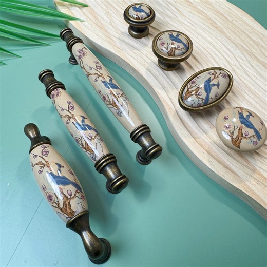 Vintage Blue Bird Ceramic Drawer Pulls Antique Brass Cabinet Handles Kitchen Cupboard Hardware - Etsy