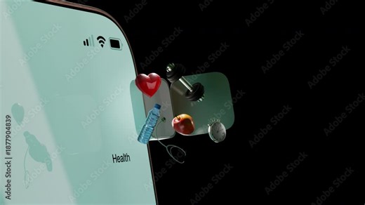 3D animation of a smartphone flying in as a health app opens and releases floating wellness elements. Concept of fitness tracking, healthy lifestyle, and digital health. Alpha channel.