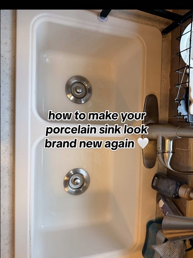 here’s how you can get your porcelain sink to look brand new again. here’s how i removed stains on my porcelain sink. i’m telling you nothing worked before this! i love how its white again! 😍 #cleaning #porcelainsink #cleaningkitchen #cleaningsink #creatorsearchinsights