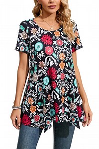 ENMAIN Summer Tunics for Women Plus Size Short Sleeve Tops Casual Swing Dressy Loose Fit Black M