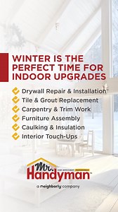 22 reactions |  Cold weather outside means it's the perfect time for indoor improvements! Mr. Handyman® specializes in transforming your interior spaces during the winter months. Turn winter downtime into home upgrade time with our skilled service professionals! #MrHandyman #Neighborly #IndoorServices #WinterProjects | Mr. Handyman | Facebook