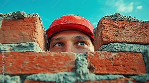 A construction worker wearing a red cap peeking over a brick wall under a blue sky. Concept of curiosity and dedication in building projects.