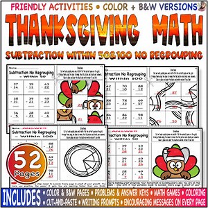 Subtraction within 50 & 100 Without regrouping |Thanksgiving Activities Math Fun