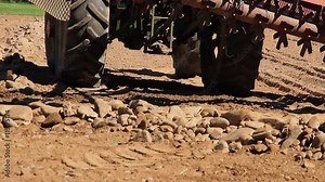 Tractor bajando el rastrillo despedregador para separar o quitar las piedras de la tierra