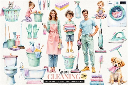 Watercolor Spring Cleaning Clipart Bundle: 26 Family Home Cleaning Pngs, Digital Download - Etsy
