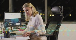 Working at desk, woman with computer and charts, sound waves animation over scene
