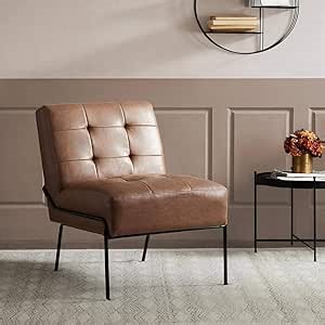 eLuxurySupply Armless Accent Chair - Upholstered Modern Living Room Chair with Metal Frame and Elegant Pintucking - Premium, Comfortable High Density Foam Cushion - Easy Assembly - Faux Brown Leather