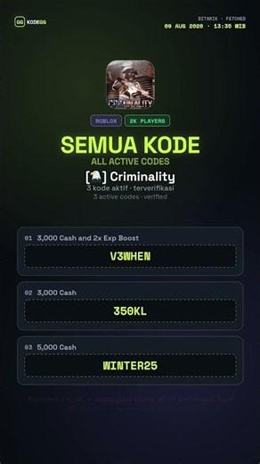 Criminality Codes (August 2026) 🎁 All Active Codes Updated August 9, 2026 — KodeGG