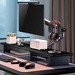 XL Oak Wood Monitor Stand for Desk (44 Inch) Large Monitor Stands for 2 Monitors, Desk Shelf for Top of Desk (Matte Black)