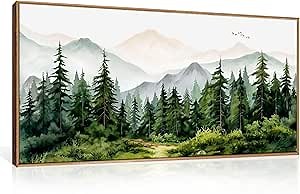 Ausril Green Forest Mountain Range Framed Canvas Wall Art -20''x40'' | Watercolor Nature Tree Wall Decor Neutral Woodland Wall Painting, Modern Wilderness Art Print for Living Room Bedroom Office