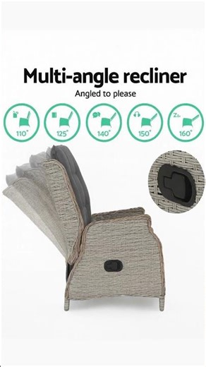 Recliner Sun Lounge 5PC Outdoor Wicker Furniture Set - Grey | Adjustable Chairs & Table