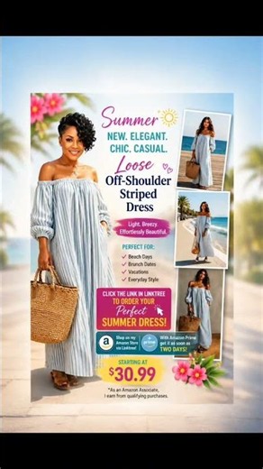 Summer New Elegant Chic Casual Loose Off-Shoulder Striped Dress 👗✨️🛍