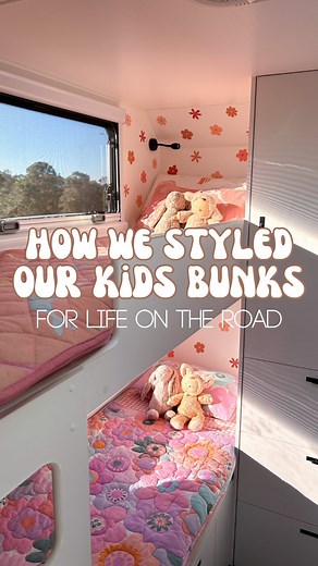 🔆 Kids Bunk Area 🔆 Transforming our kids’ bunk beds into cozy spaces on the road! Check out these styling tips for caravan living👇🏼 Styling 〰 This is your child’s safe space, you want it to feel inviting! We went with some reusable flower wall decals. Reusable wall decals are a simple damage free way of adding decor to the bunk space. These ones are actually the same stickers that were used in Frankie’s nursery at our old house so it felt like the right choice & homely to the girls 🌸 Toys 〰