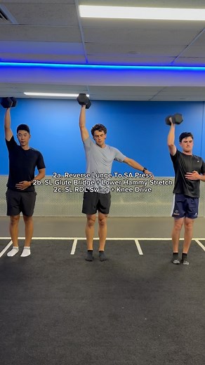 ⛳️How I Train My Elite Golfers👊🏻 Continuing to work on their unique weaknesses and build upon their strengths‼️🧑‍🍳 Today’s full body workout: 1a. SL rotational broad to explode (rotational power) 1b. Swiss ball chest press (chest strength w/ glute/core recruitment) 1c. Sumo squat (eccentric loading) 2a. Reverse lunge to SA press (full body integrated strength) 2b. SL glute bridge lower hammy stretch (mobility and stability) 2c. SL RDL swing knee drive (dynamic stability) 3a. Cable pigeon (ex