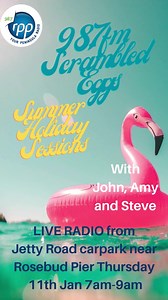 The Scrambled Eggs team will be takin' it to the streets again tomorrow morning, Thursday 11th Jan from 7am - this time from the Jetty Road car park near Rosebud Pier! Come down and say hi to John, Amy and Steve and for the chance to win loads of prizes including wine tasting and wine from the fabulous Trofeo Estate Winery, pizza, RRPFM caps and more! | RPPFM - Your Peninsula Radio | Facebook