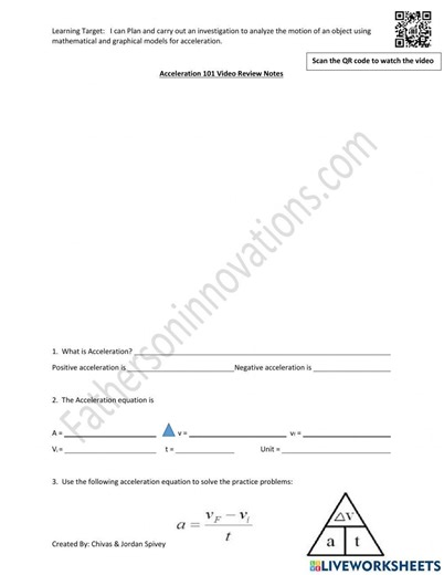 Acceleration Video Notes with Quiz worksheet