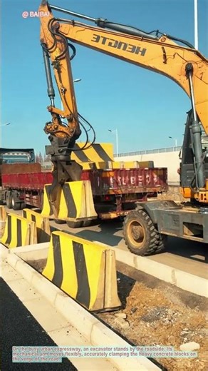 Excavator Loads Concrete Blocks on Urban Expressway 🦺