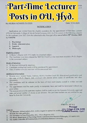 Part-Time Lecturer Posts in OU, Hyderabad | #osmaniauniversity #posts #shorts #ytshorts #viral