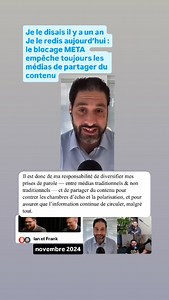 124 reactions · 10 comments | Je le disais il y a un an. Je le redis aujourd’hui : le blocage META empêche toujours les médias de partager du contenu journalistique Il est donc de ma responsabilité de diversifier mes prises de parole — entre médias traditionnels & non traditionnels — et de partager le contenu pour contrer les chambres d’écho et la polarisation, et pour assurer que l’information continue de circuler, malgré tout. #polcan #polqc | Rodolphe Husny | Facebook